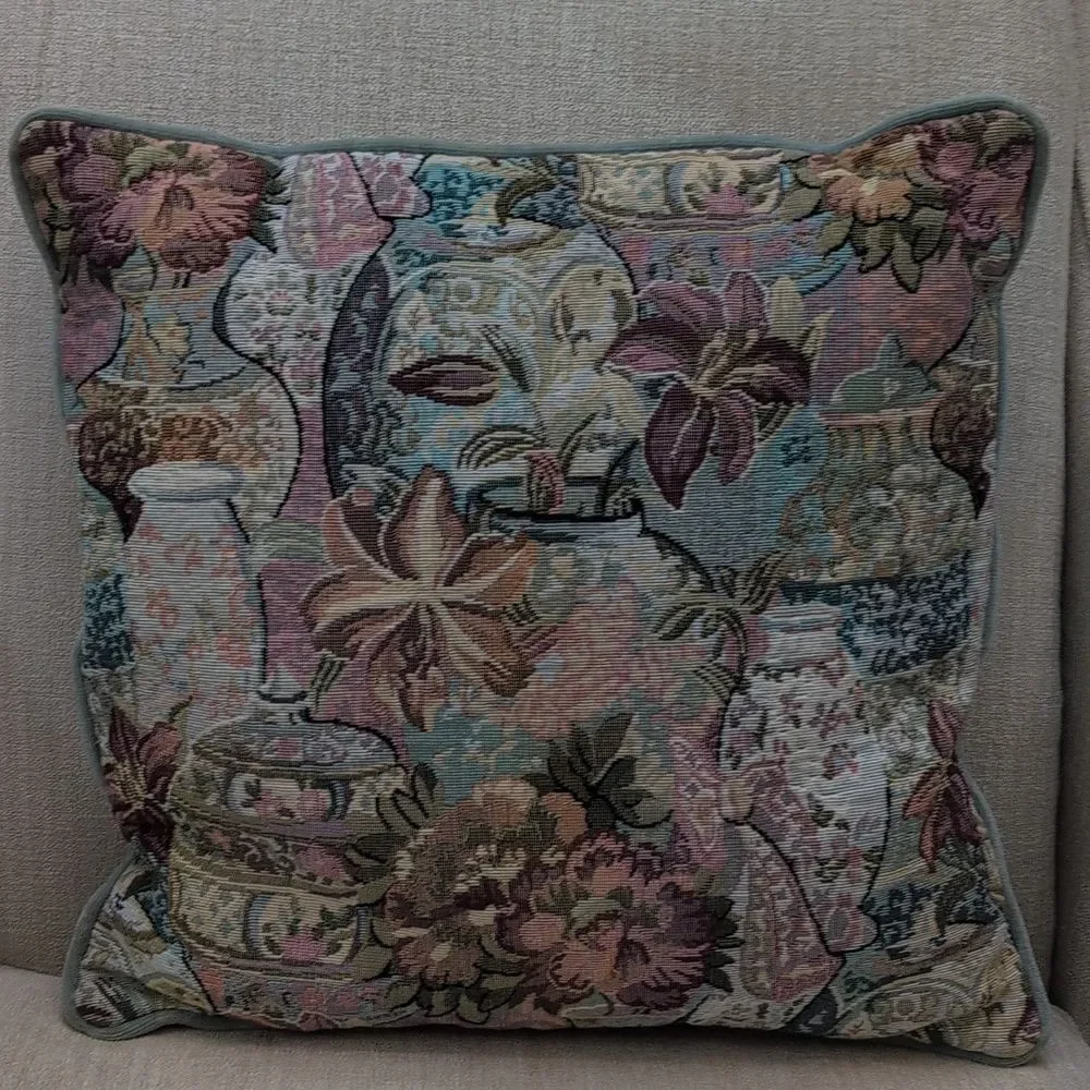 Vintage Ginger Jar Floral Tapestry Accent Pillow Velvet Backing